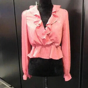 Leche Peplum Pin Dot,long sleeve,ruffle v-neck,bell sleeve,lined,light rose